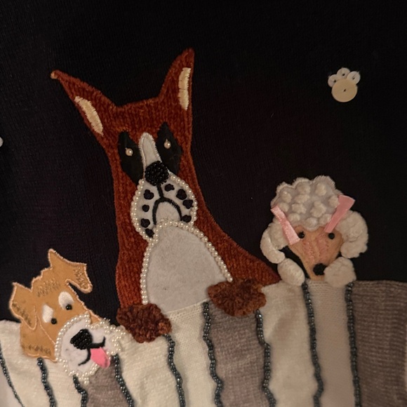 Vintage BEREK Dog Cardigan Sweater Womens M Black Beaded Puppies Poodle Boxer - Picture 5 of 11